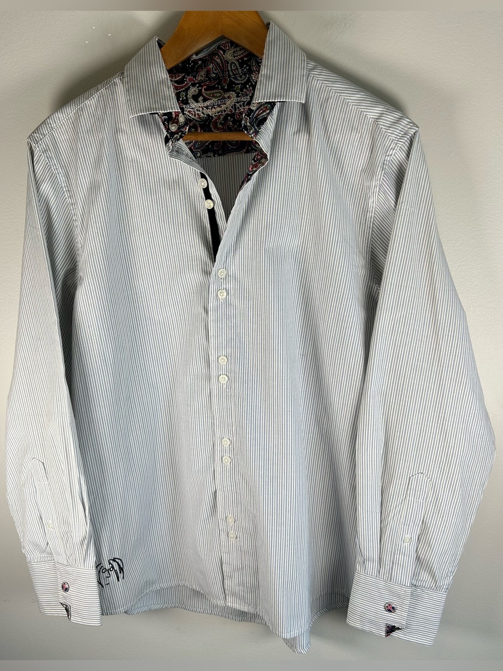 John Lennon Men’s Button Up Shirt Sz L Blue Stripes Flip Cuff Paisley 2009 Retro
